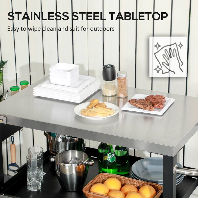 Outsunny Three-Shelf Outdoor Grill Cart with Stainless Steel Tabletop, Side Handle, Multifunctional Pizza Oven Stand