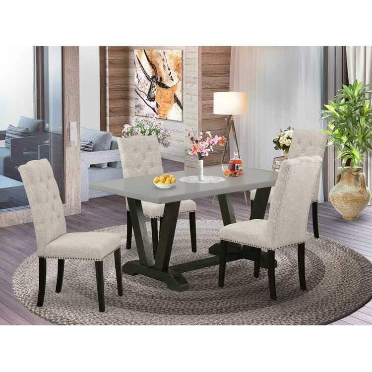 HomeStock 5-Piece Rectangle Natural Oak Finish Solid Wood Top Dining Table with 4 Upholstered Chairs with Lattice Back