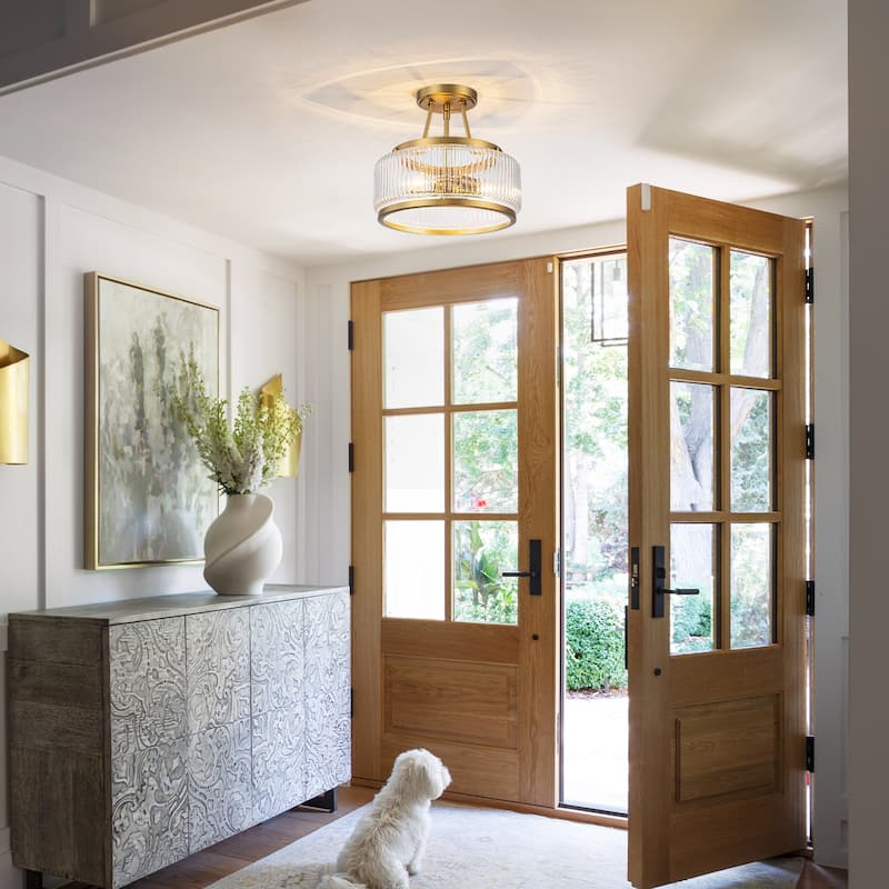 3-Light Industrial-style Black/Gold Lantern Glass Semi Flush Mount