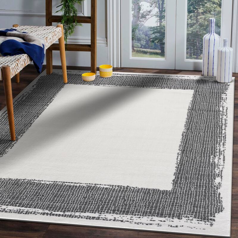 Beverly Rug Modern Border Indoor Area Rug with Jute Backing for Living Room, Kitchen, Bedroom - 5x7 - Cream/Dark Grey