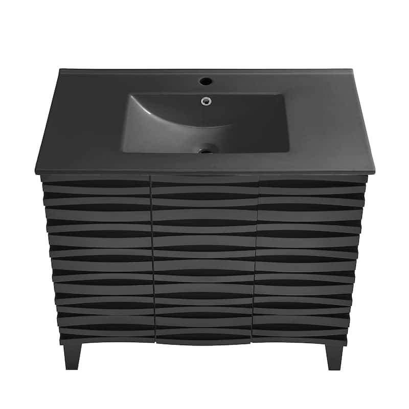 Cascade 36 In. Black Oak Bathroom Vanity With Black Ceramic Sink Top
