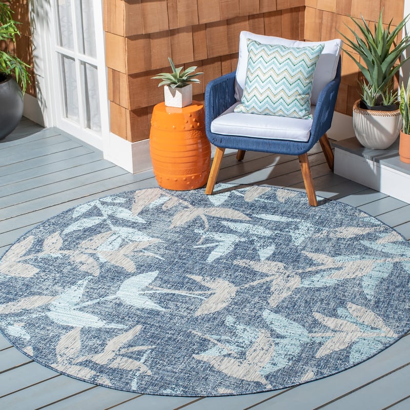 SAFAVIEH Courtyard Rula Indoor/Outdoor Waterproof Patio Backyard Rug - 6'7" Round - Navy/Blue