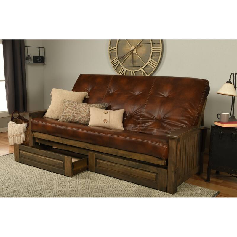 Somette Washington Queen-size Storage Futon Set in Rustic Walnut with Faux Leather Mattress