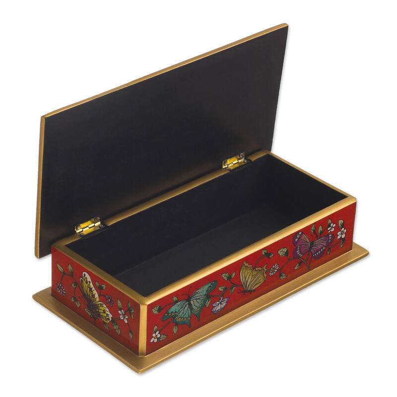 Novica Handmade Butterflies On Scarlet Reverse-Painted Glass Decorative Box