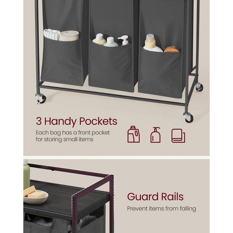 3-Bag Rolling Laundry Hamper with Top Shelf Slate/Charcoal Gray Sorter with Removable Water - 36.6"L x 12.6"W x 36.6"H