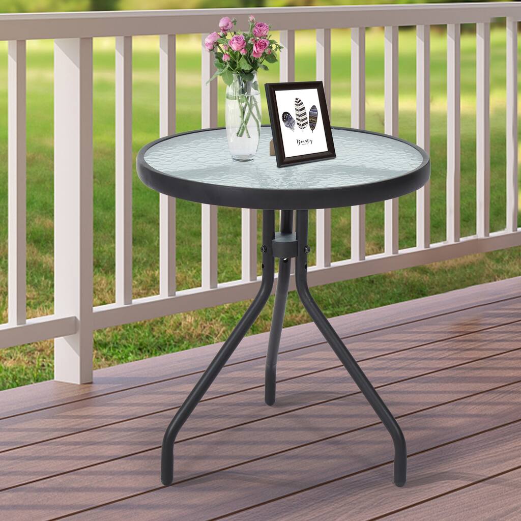 Patio Side Table w/ Tempered Glass Top, Round Bistro Coffee Table Outdoor Metal End Table with Legs for Outdoor Garden Backyard
