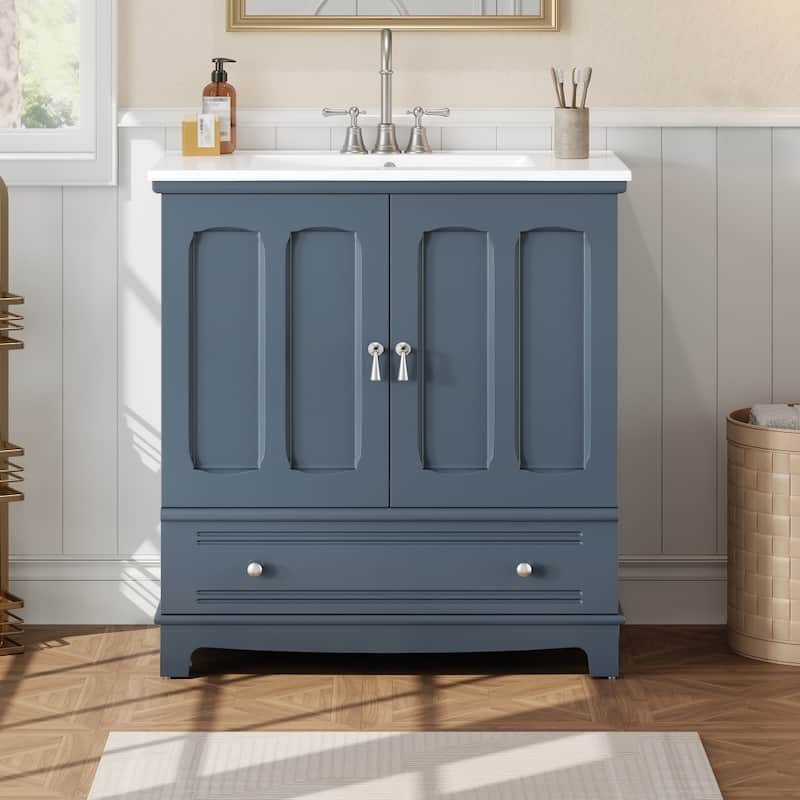 30" Wooden Bathroom Ceramic Sink Cabinet with Shelf, Drawer with Divider - Blue