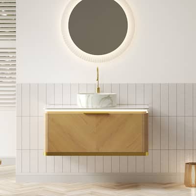 36" Bathroom Vanity&Sink, Floating Plywood Storage Cabinet, Drawer with Handle&Sensor Light