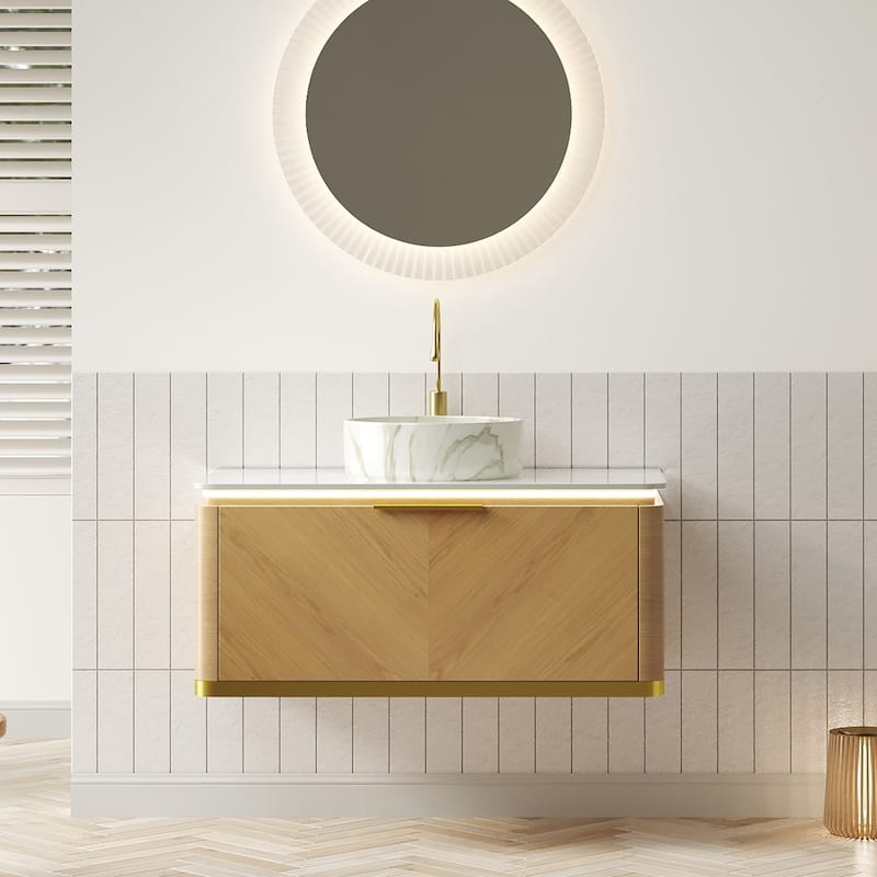 36" Bathroom Vanity with Vessel Sink One Drawer Floating Storage Cabinet with Sensor Light, Pre-assembled - Espresso-Round