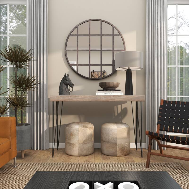 Brown Wood Console Table with Black Metal Hairpin Legs