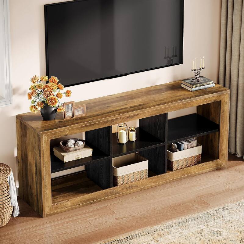 63" TV Stand with 6 Open Storage Cubes for Up to 70 Inch TVs, Farmhouse Entertainment Center, Wooden Media Console TV Cabinet