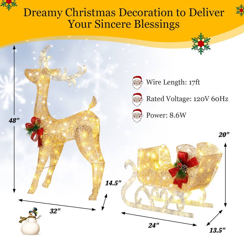 Costway Lighted Christmas Reindeer & Sleigh, Outdoor & Indoor - See Details