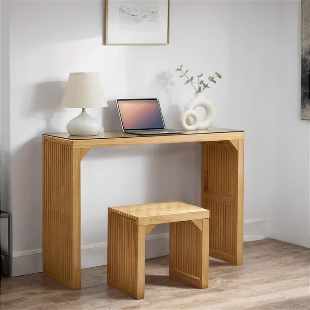 Pine Dining Bench and Table Set with Tempered Glass Top for Kitchen