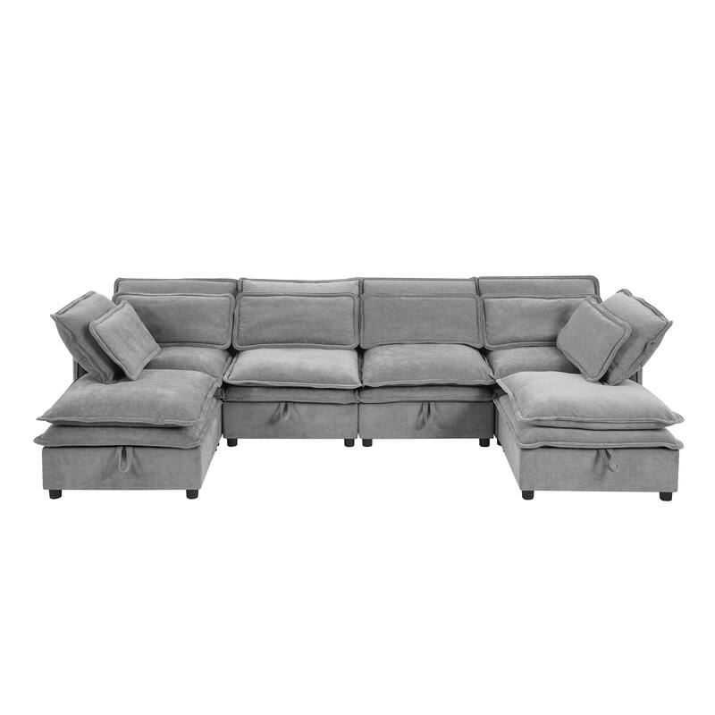 124.4" Polyester U-Shaped Modular Sleeper Sofa with Storage & Double-Layer Cushions