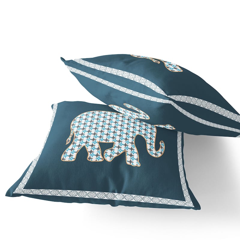 HomeRoots Set of Two 16" X 16" Blue and White Elephant Blown Seam Animal Print Indoor Outdoor Throw Pillow