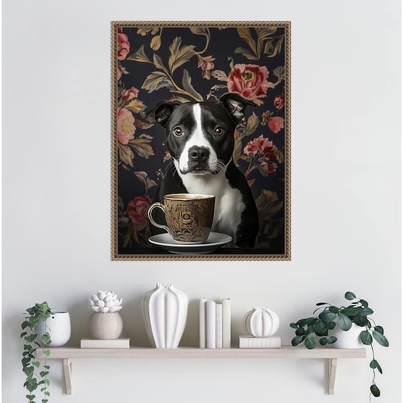 The Refined Staffy Cafe Moment by Mowzu Framed Canvas Wall Art