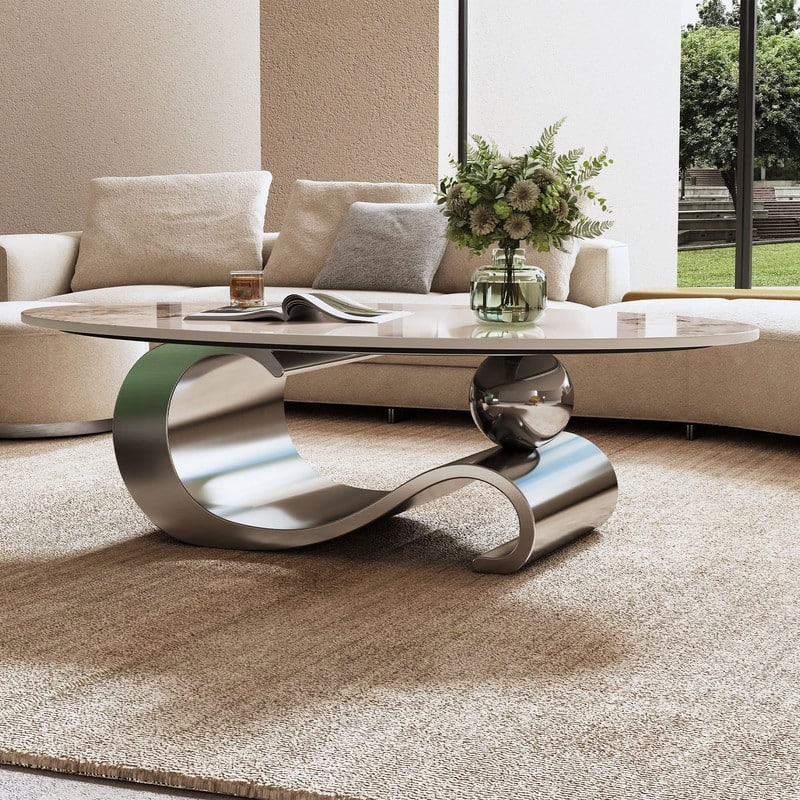 49.2" Faux Marble Oval Coffee Table, Contemporary Stainless Steel Base, Modern Center Table for Living Room