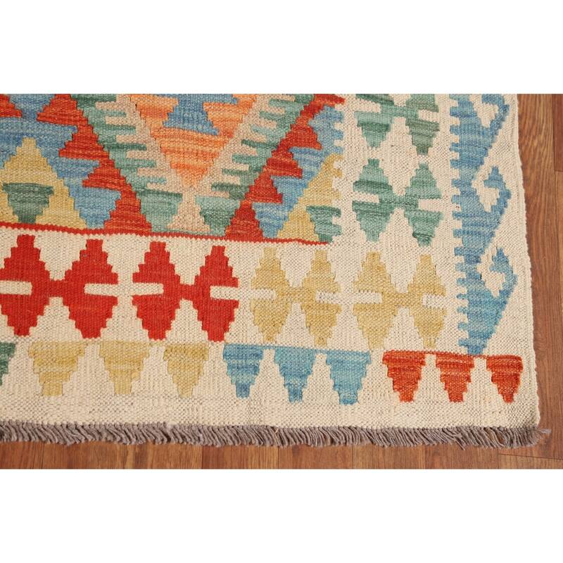 Geometric Multi-Color Kilim Oriental Rug Flatweave Wool Carpet - 5'0"x 6'6"