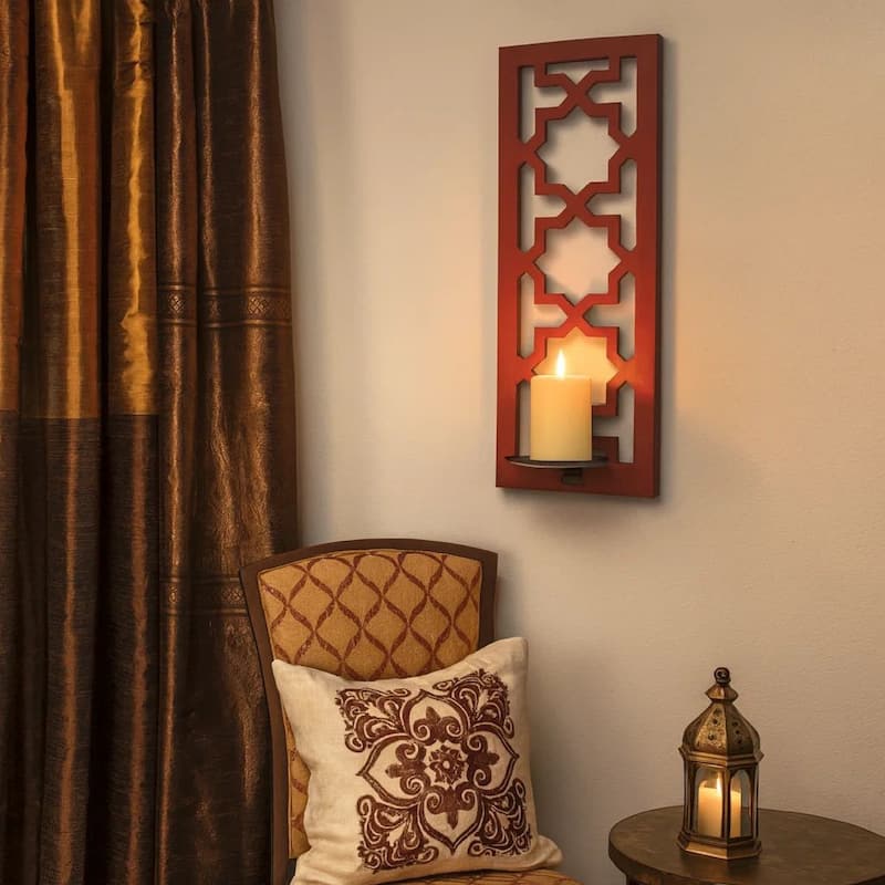 17 Inch Mirrored Wall Art Set of 2, Candle Holder Sconce, Lattice Design, Red