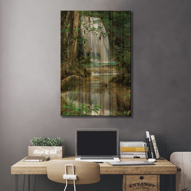 Seven Step Waterfall In Monsoon Forest, Erawan National Park, Thailand Print On Wood by Thomas Marent - Multi-Color