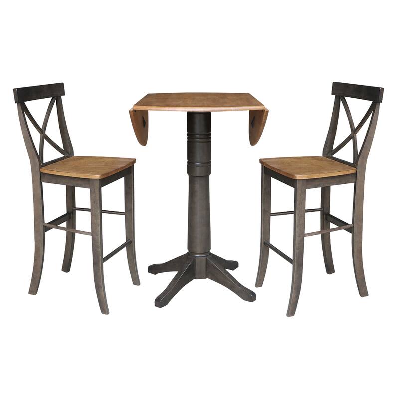 42 in. Round Dual Drop Leaf Bar Height Dining Table with 2 X-back Stools - 3 Piece Set