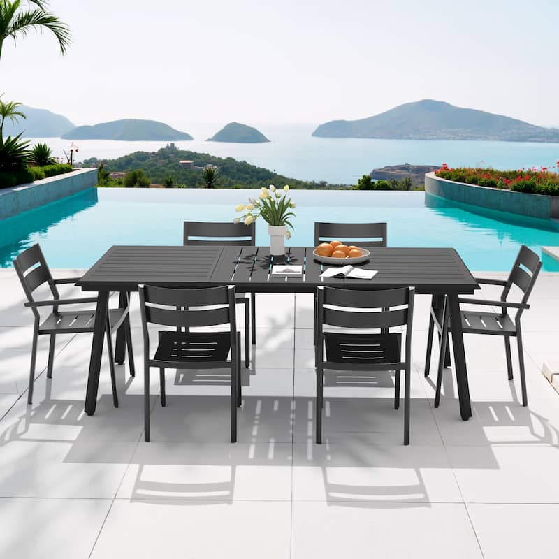 7/9-PC Outdoor Aluminum Dining Table Set with Stackable Chairs Umbrella Hole