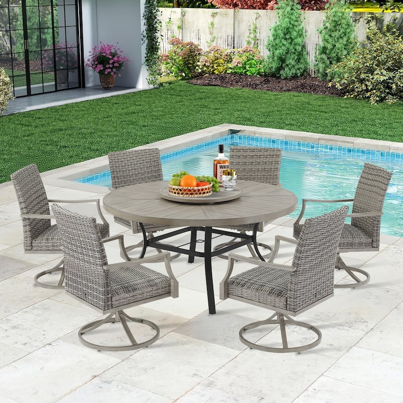 Patio Aluminum Round 59.5" Dining Table With Outdoor Chairs - Oak
