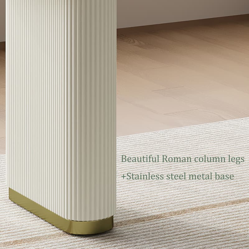 63" Modern White Writing Table, Retacgular Desk With Glossy Sintered Stone Table Top, Double Roman Column Legs