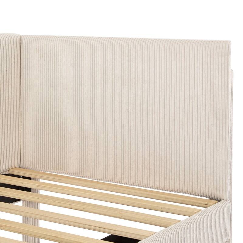 Twin Size Upholstered Daybed with L-Shaped Headboard and 2 Storage Drawers, Corduroy Daybed Frame Sofa Bed with Slats Support