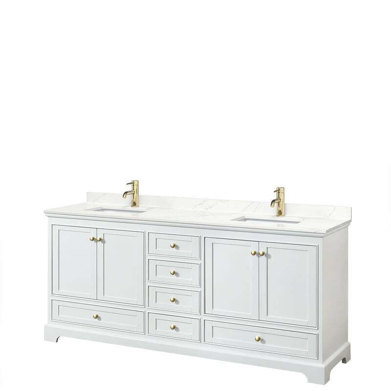 Deborah 80-inch Double Vanity, Quartz Top - White, Gold Trim, Giotto Quartz Top