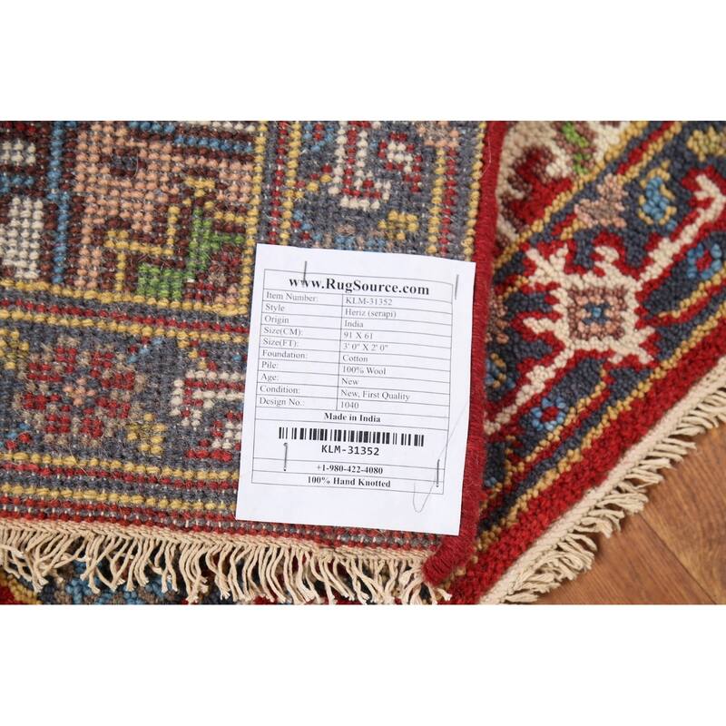 Red Geometric Heriz-Serapi Indian Accent Rug Hand-Knotted Wool Carpet - 2'0"x 3'0"