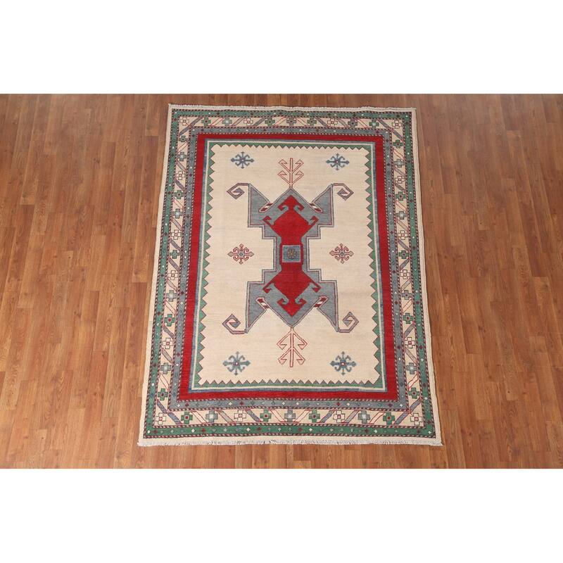 Kazak Area Rug Hand-Knotted Oriental Beige Wool Carpet - 5'0" x 6'10"