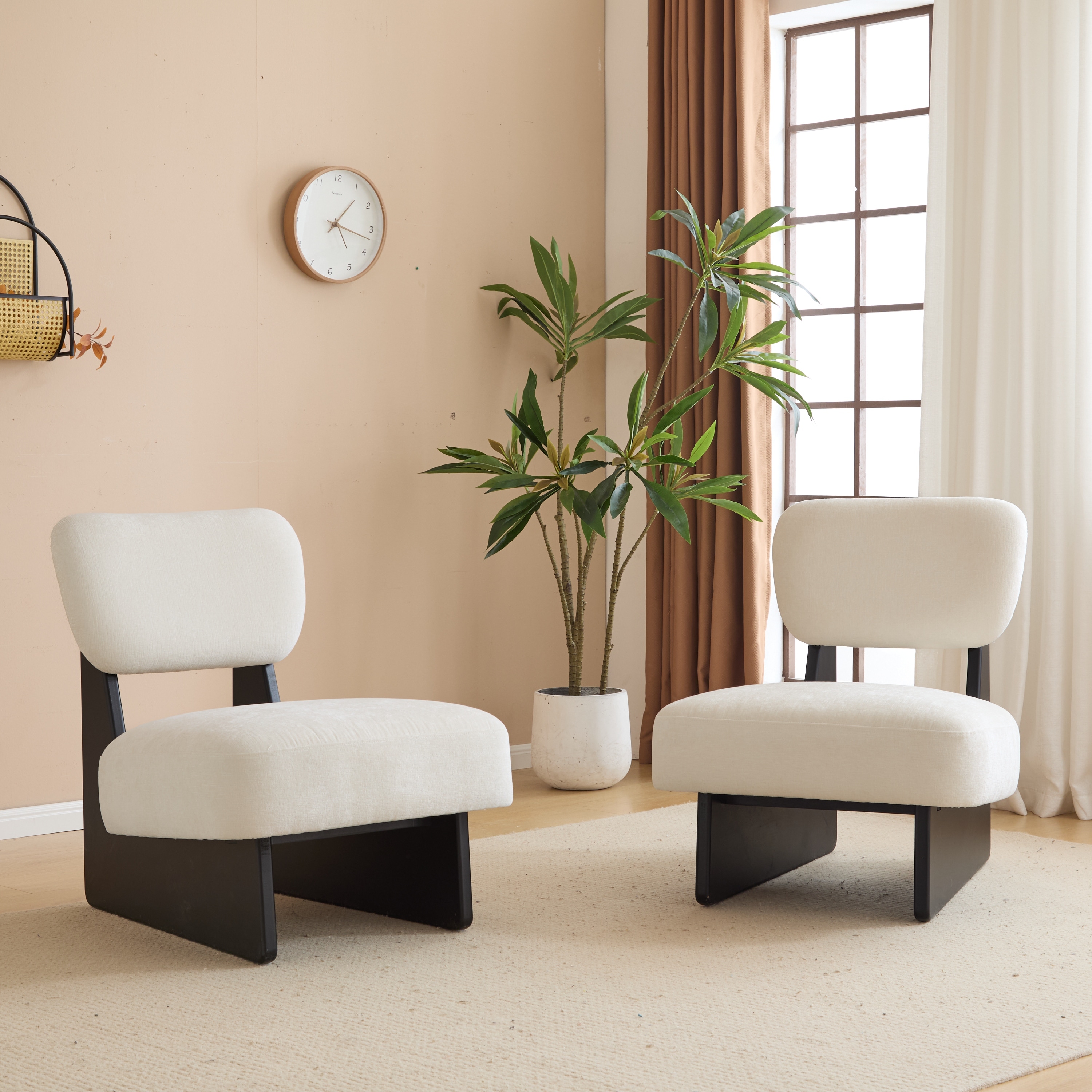 [Set of 2] Modern Beige Lounge Chair with Polyester Upholstery, Sturdy Wood Base With Black Finish, for Living Room, Bedroom