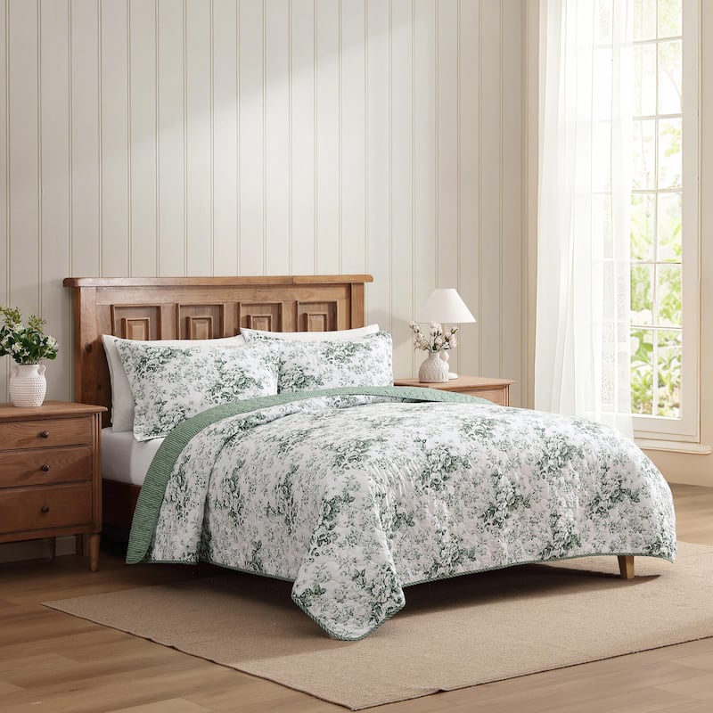 Laura Ashley Toile Delight Cotton Reversible Green Quilt Set