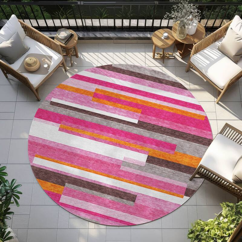 Machine Washable Indoor/ Outdoor Modern Stripes Chantille Rug - Blush - 8' x 8'