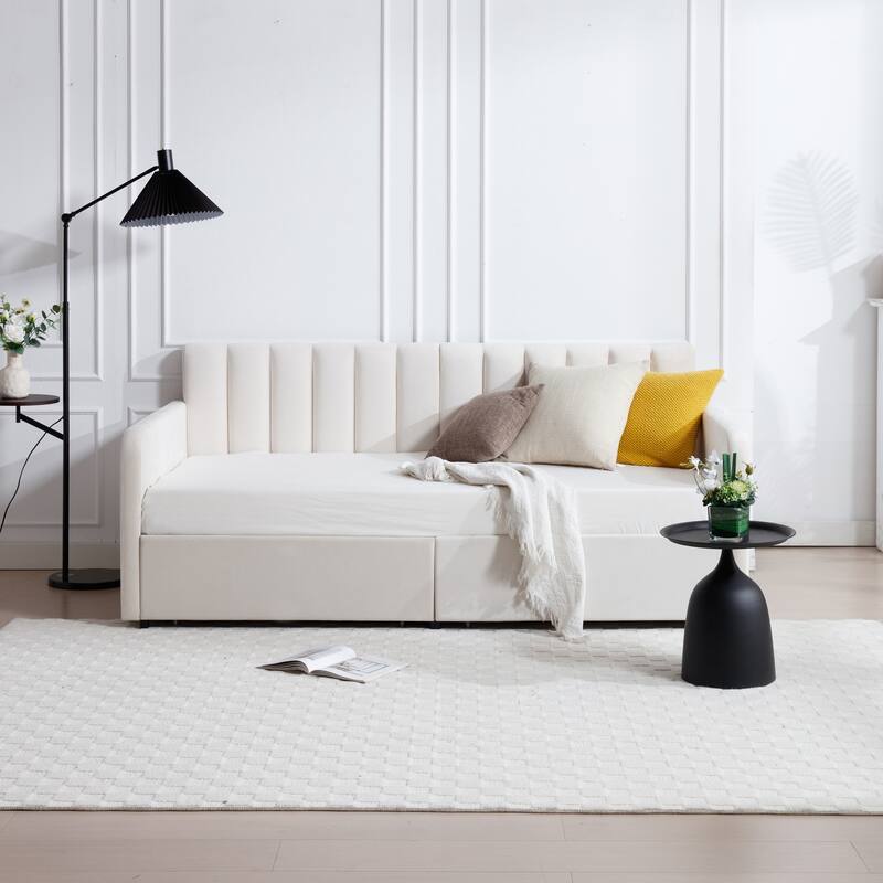 Flora Upholstered Daybed with 2 Drawers,Twin - Ivory-1 - Twin