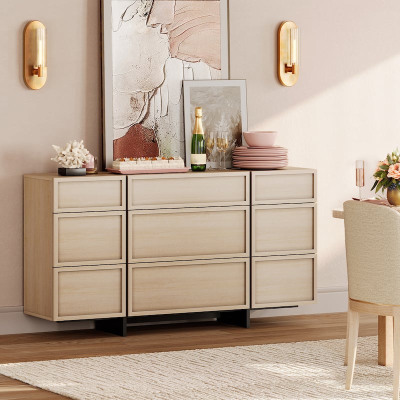 WAMPAT Modern Sideboard Buffet Cabinet with 9 Drawers, Multifunctional Sideboard with Large Storage and T-Shaped Legs