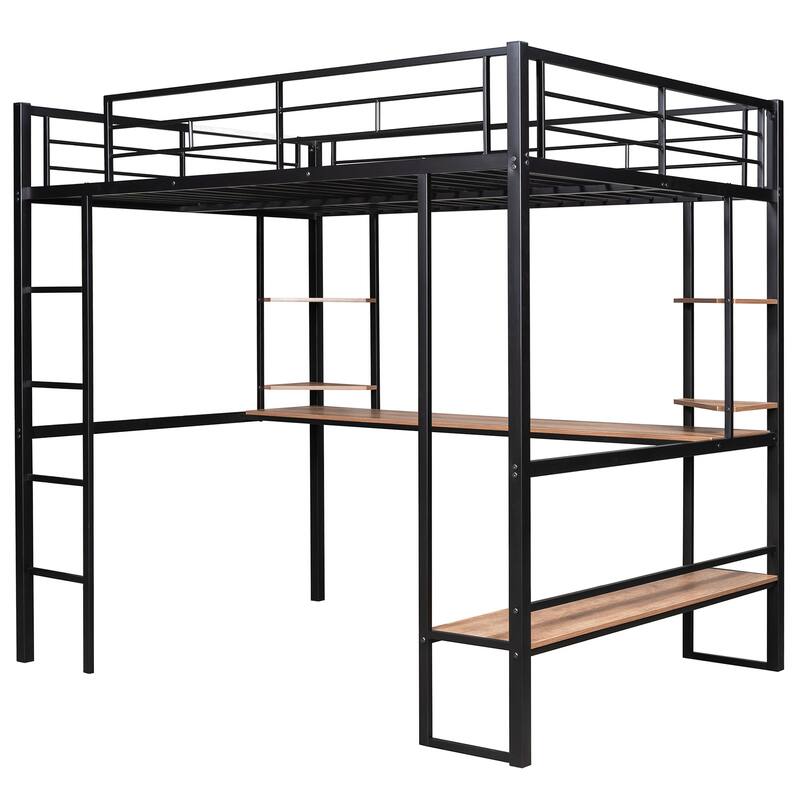 Black Full Size Metal Loft Bed with Long Desk and Shelves