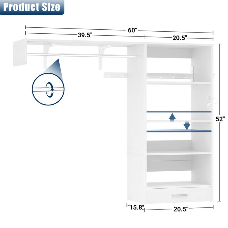 60'' Wall-mounted Closet System with Hanging Rods, Clothing Organizer with Tower Shelves for Laundry Room
