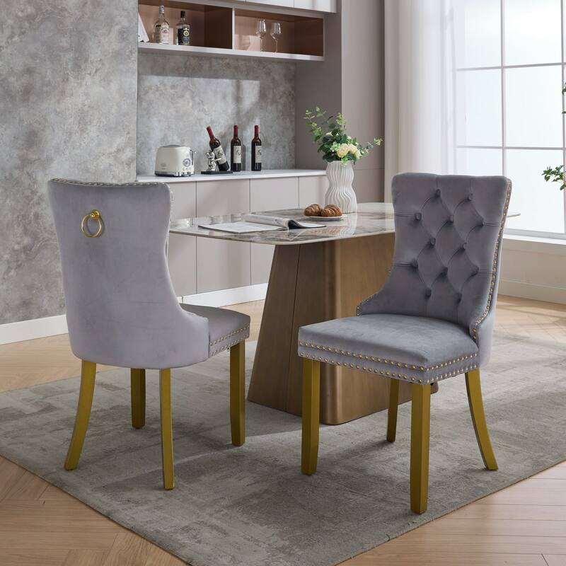 High-end Tufted Solid Wood Contemporary Velvet Upholstered Dining Chair with golden Wood Legs Nailhead Trim 2-Pcs Set