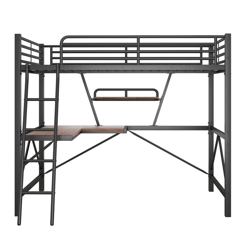 Full Size Loft Bed with Desk and Shelf, Black
