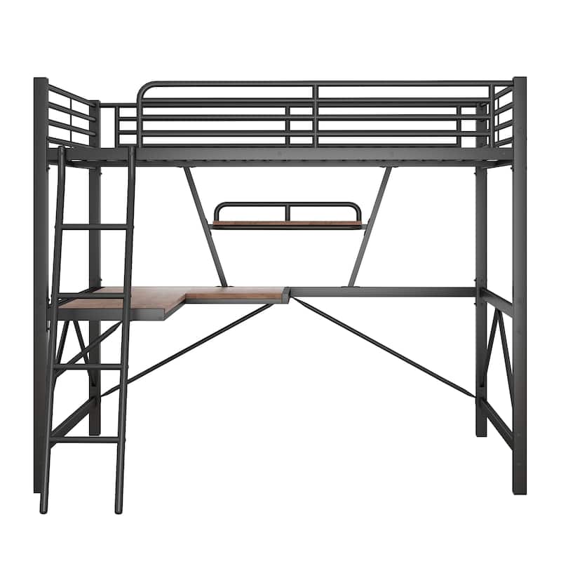 Loft Frame Metal Bed with L-shape Wood Desk and Shelf
