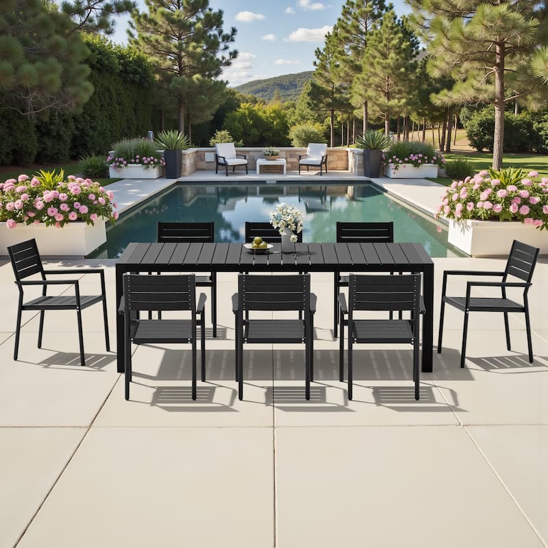 9-Piece Set Outdoor Aluminum Dining Table with Umbrella Hole and Stackable Dining Chairs - Black