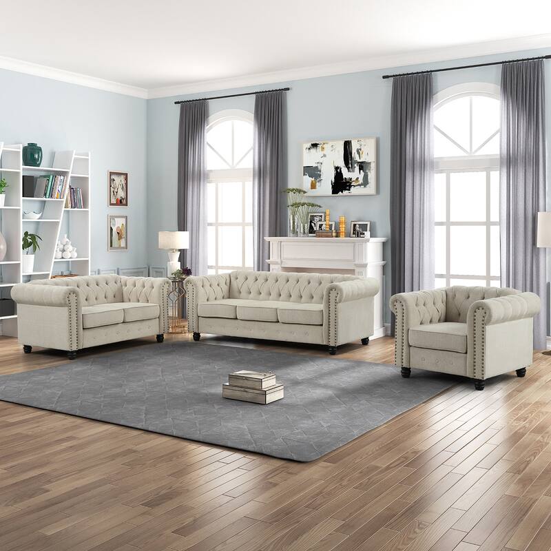 Morden Fort Button Upholstered Chesterfield Set Chair, Loveseat ,Sofa 3 PCS for Living Room,Linen,Solid Wood Legs - Beige