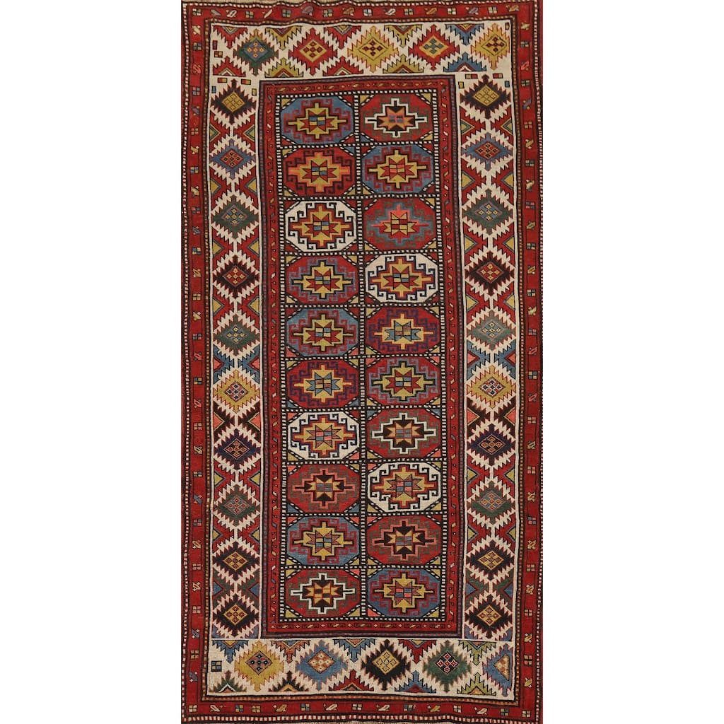 Pre-1900 Antique Kazak Vegetable Dye Runner Rug Handmade Wool Carpet - 3'11" x 8'7"