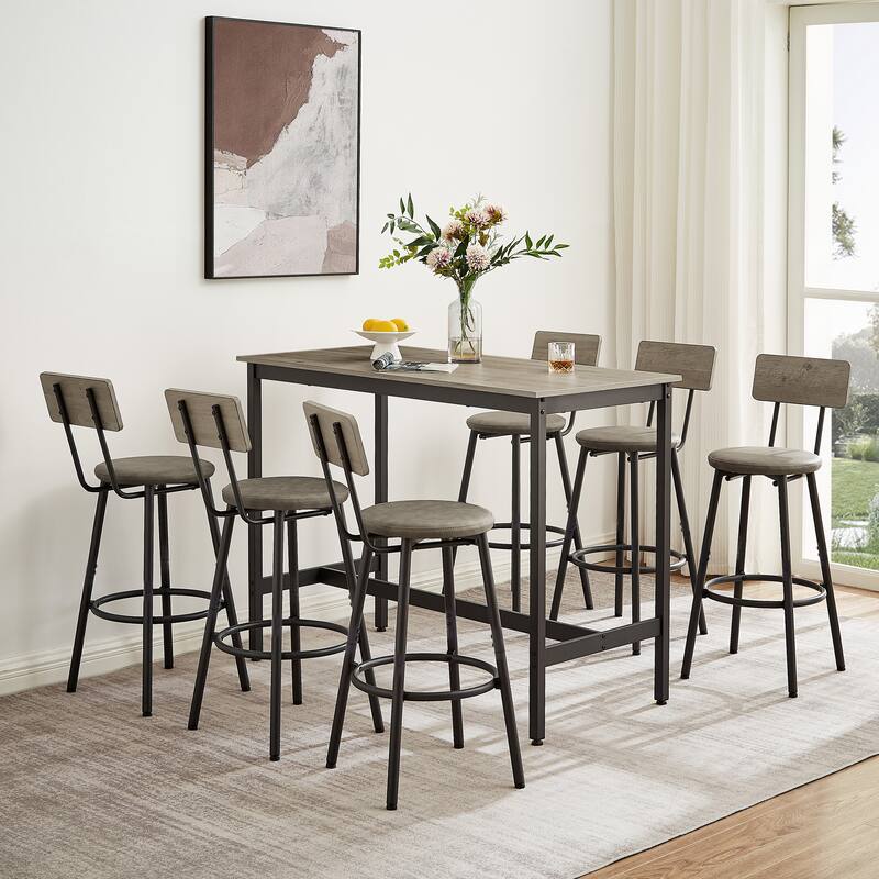 7-Piece Bar Dining Table and Chair Set, Industrial Design with 6 PU Upholstered Stools - Grey