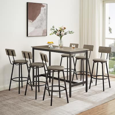 7-Piece Bar Dining Table and Chair Set, Industrial Design with 6 PU Upholstered Stools