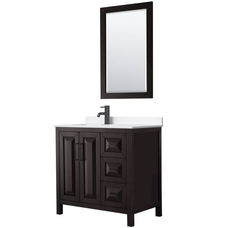 Daria 36-inch Single Vanity, Single Hole Quartz Top, 24-inch Mirror - Dark Espresso, Black Trim, White Quartz Top