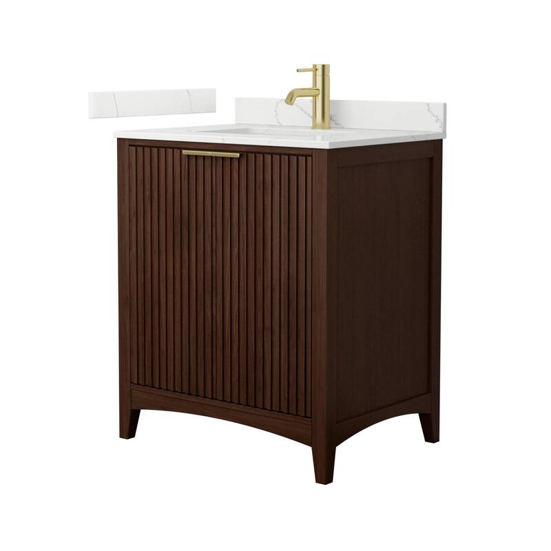 Wyndham Collection WCF9191-30S-QTZ-UNSMXX Palmilla 30" Free Standing - Dark Walnut / Giotto Quartz Top / Brushed Gold