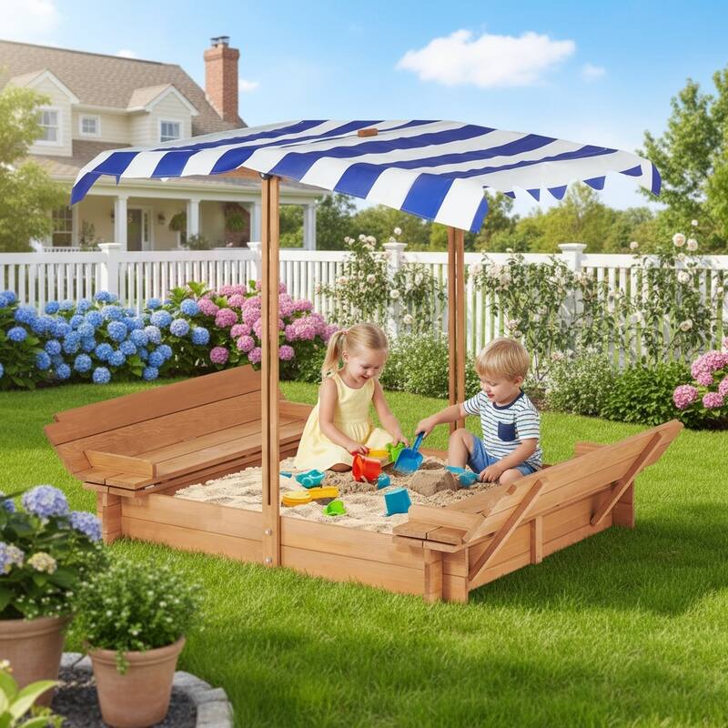 Kids Sandbox with Adjustable Cover, 46" Wooden Sand Box with 2 Foldable Bench Seats, Outdoor Sandpit for Backyard Play